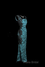 Aesthetic Mermaid Square Neckline Blue Taffeta Formal Prom Dresses Ruffle Long Party Dresses