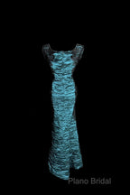 Aesthetic Mermaid Square Neckline Blue Taffeta Formal Prom Dresses Ruffle Long Party Dresses