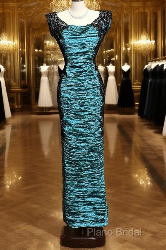 Aesthetic Mermaid Square Neckline Blue Taffeta Formal Prom Dresses Ruffle Long Party Dresses