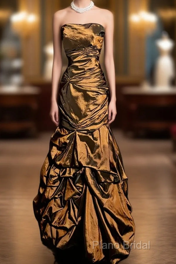 Aesthetic Mermaid Strapless Neckline Brown Taffeta Formal Prom Dresses Ruffle Long Party Dresses Main image