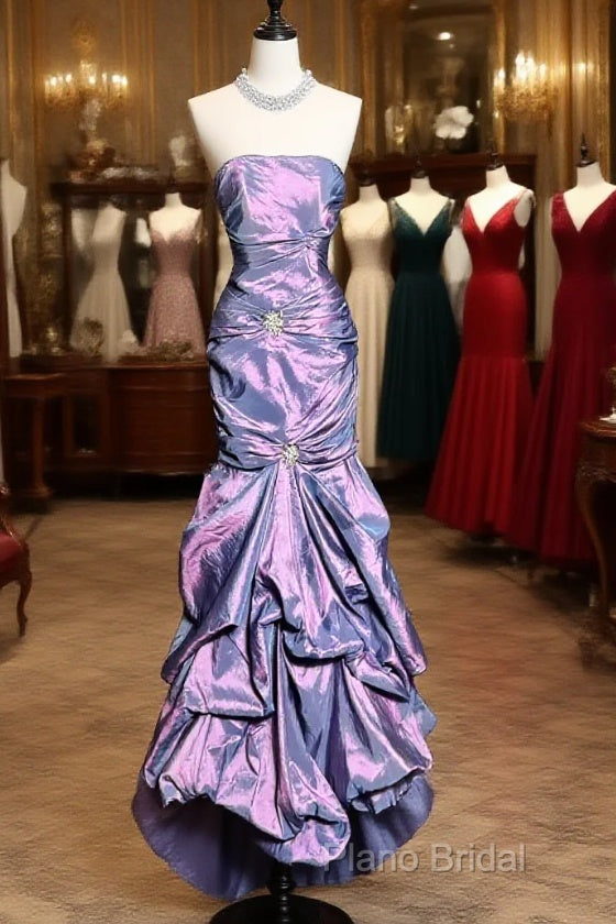 Aesthetic Mermaid Strapless Neckline Grape Taffeta Formal Prom Dresses Ruffle Long Party Dresses Main image