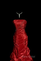 Aesthetic Mermaid Strapless Neckline Red Taffeta Formal Prom Dresses Ruffle Long Party Dresses