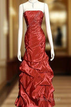 Aesthetic Mermaid Strapless Neckline Red Taffeta Formal Prom Dresses Ruffle Long Party Dresses