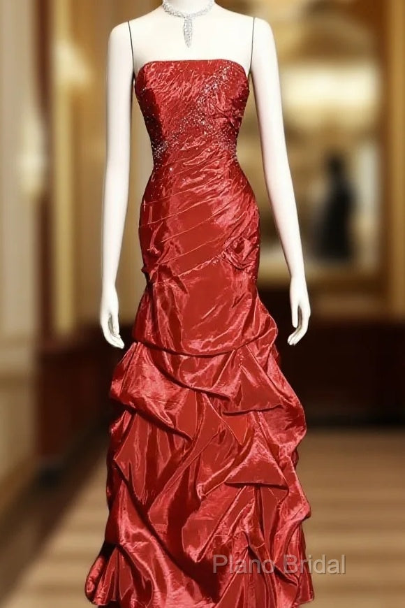 Aesthetic Mermaid Strapless Neckline Red Taffeta Formal Prom Dresses Ruffle Long Party Dresses
