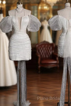 Aesthetic Sheath Off The Shoulder White Sequin Short Wedding Dresses Brides Dresses