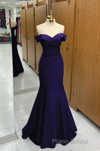 Long Navy Formal Prom Dresses Mermaid Off-the-Shoulder Sweetheart Sleeveless