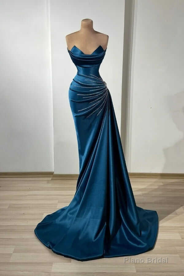 Dark Blue Strapless Pleated Beaded Prom Dress Main image