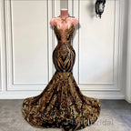 Long Sleeveless Mermaid Formal Prom Dress with Gold Sequins