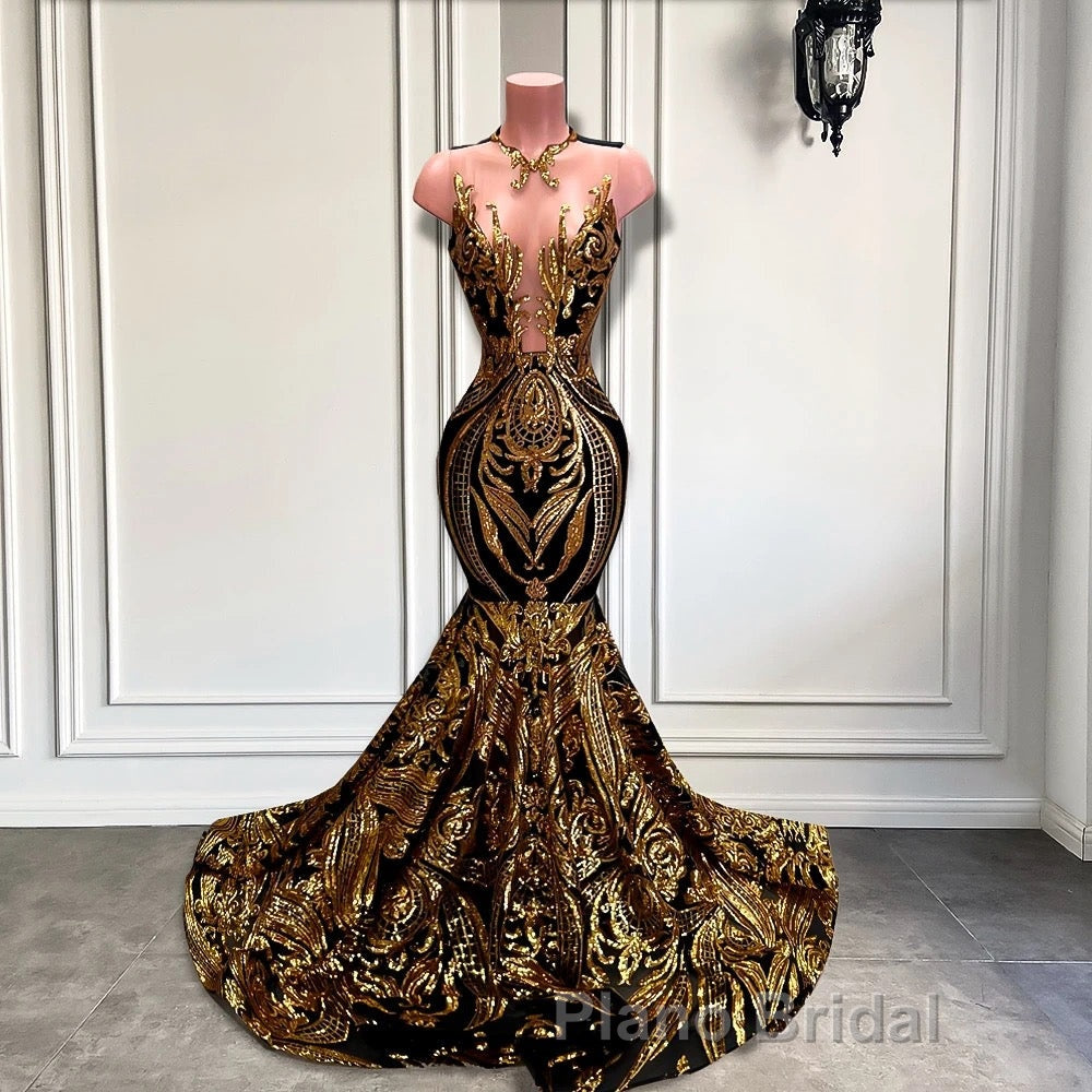 Long Sleeveless Mermaid Formal Prom Dress with Gold Sequins