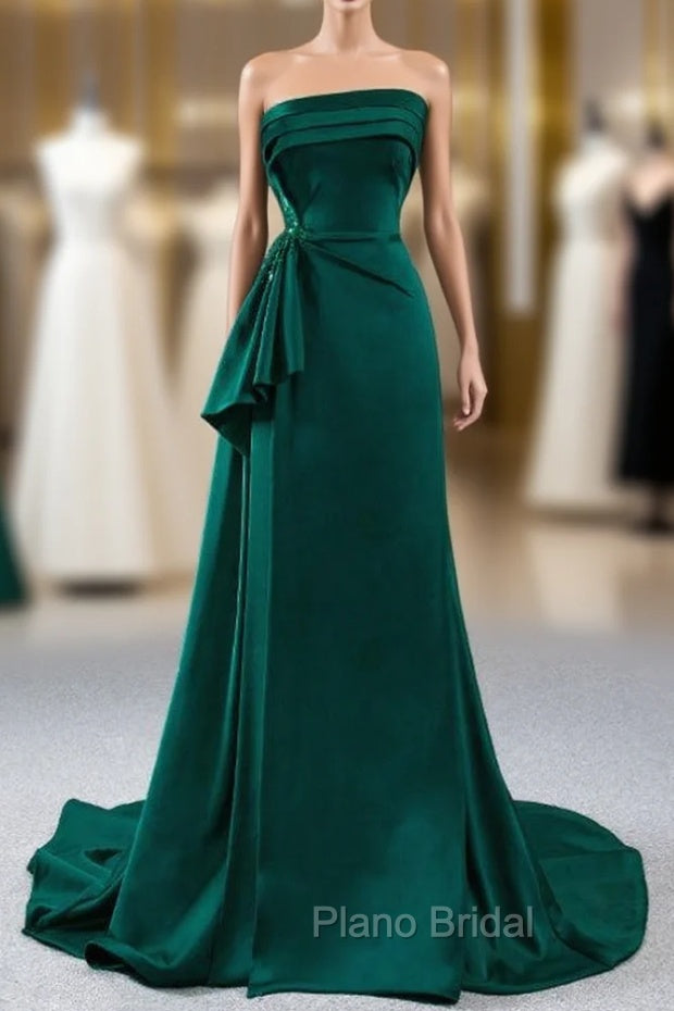 Affordable A-Line Dark Green Satin Strapless Pleats Beading Formal Prom Dresses Main image