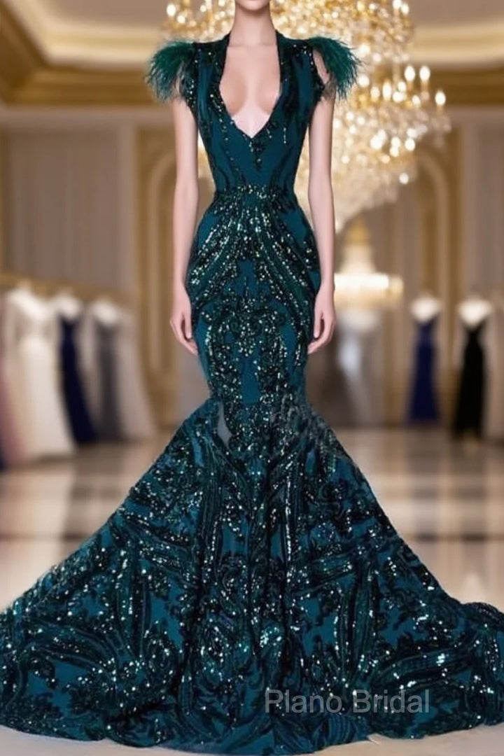 African Black Girls Court Train Feather V Neck Sexy Formal Party Gowns Formal Prom Dresses Main image