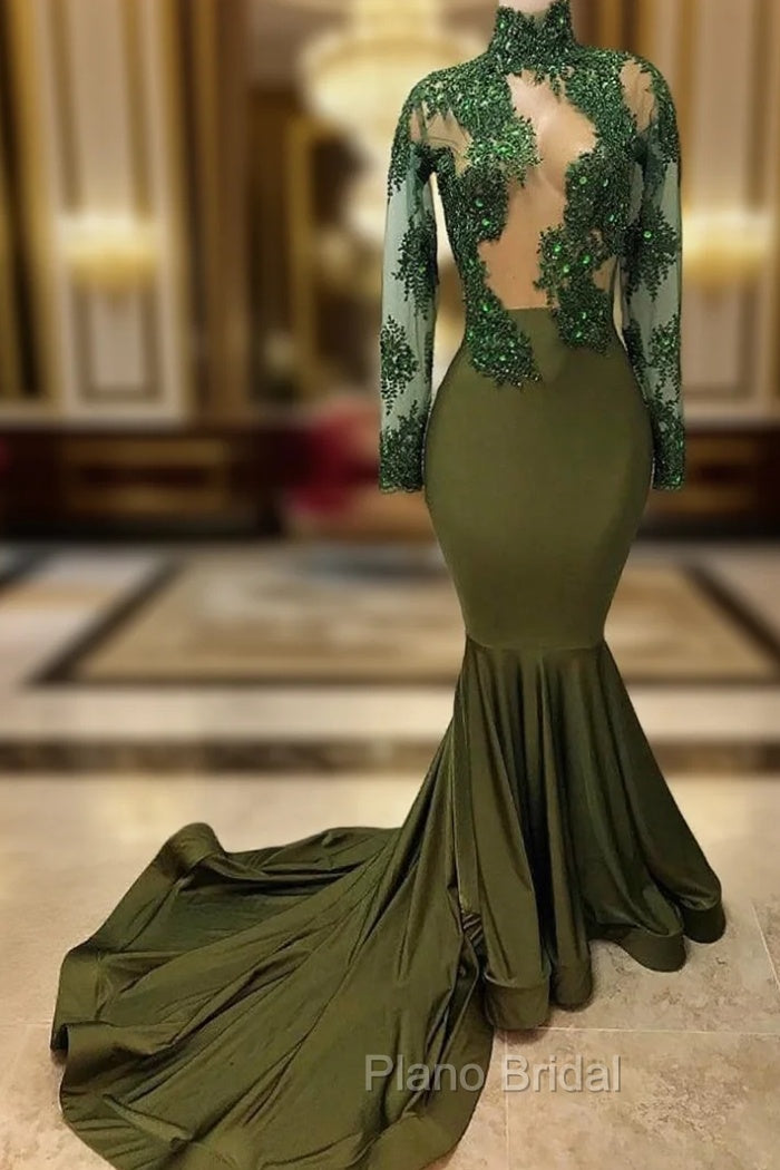 African Mermaid Green Sheer Corset Long Sleeves Evening Dresses Main image