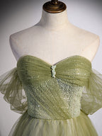 Aline Green Long Formal Prom Dresses, Green Tulle Formal Prom Dresses