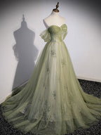Aline Green Long Formal Prom Dresses, Green Tulle Formal Prom Dresses
