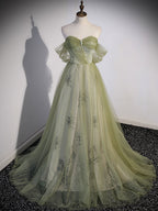 Aline Green Long Formal Prom Dresses, Green Tulle Formal Prom Dresses