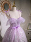 Aline Lace Short Purple Formal Prom Dresses, Puffy Purple Homecoming Dresses