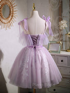 Aline Lace Short Purple Formal Prom Dresses, Puffy Purple Homecoming Dresses