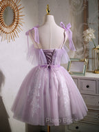 Aline Lace Short Purple Formal Prom Dresses, Puffy Purple Homecoming Dresses
