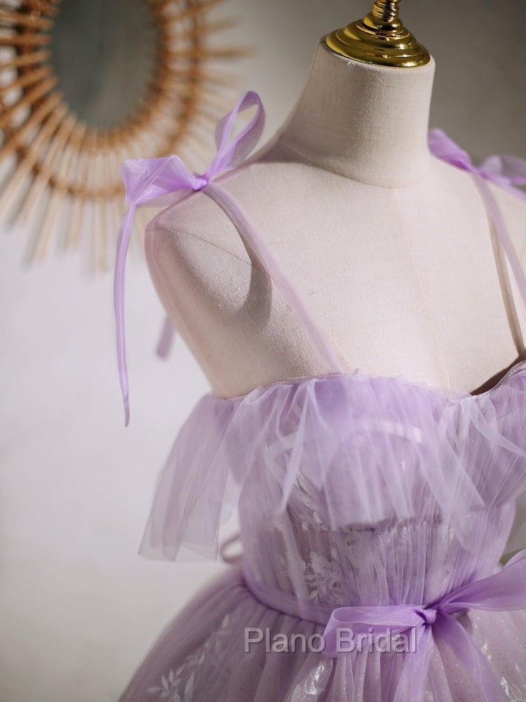 Aline Lace Short Purple Formal Prom Dresses, Puffy Purple Homecoming Dresses