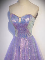 Aline Purple Sweetheart Neck Tulle Long Formal Prom Dresses, Purple Evening Dresses