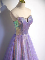 Aline Purple Sweetheart Neck Tulle Long Formal Prom Dresses, Purple Evening Dresses