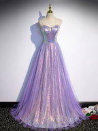 Aline Purple Sweetheart Neck Tulle Long Formal Prom Dresses, Purple Evening Dresses