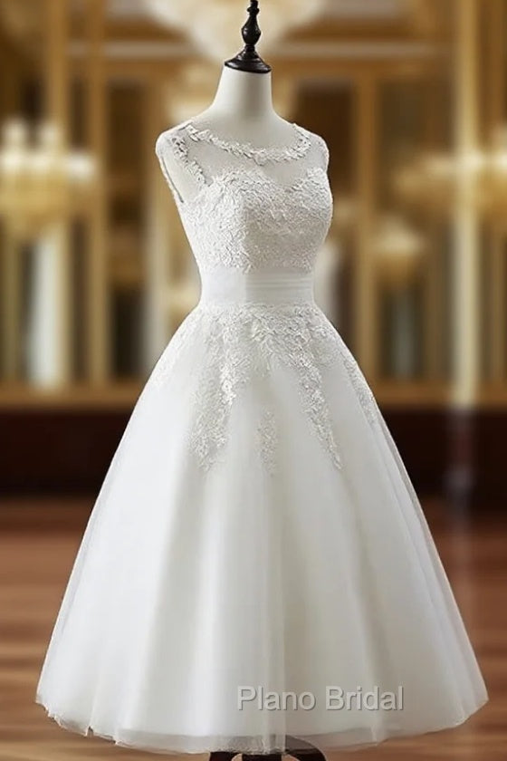 Aline Round Neck Tulle Lace Short White Formal Prom Dresses, White Lace Homecoming Dresses Main image