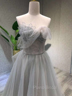 A line Tea Length Gray Formal Prom Dresses, Gray Tulle Homecoming Dresses