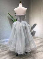 A line Tea Length Gray Formal Prom Dresses, Gray Tulle Homecoming Dresses