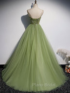 Aline Tulle Green Long Formal Prom Dresses, Green Formal Graduation Dresses with Beading