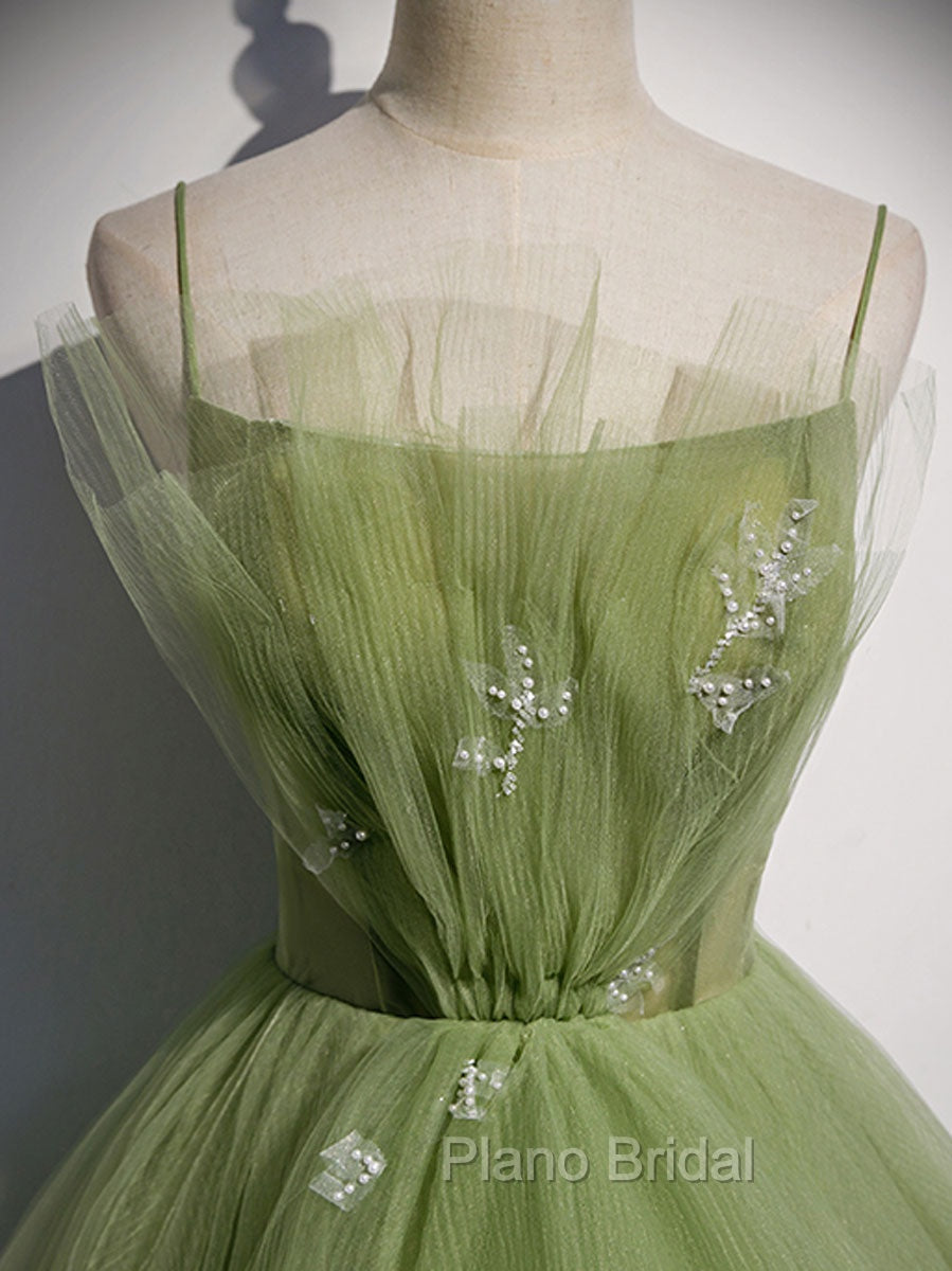 Aline Tulle Green Long Formal Prom Dresses, Green Formal Graduation Dresses with Beading