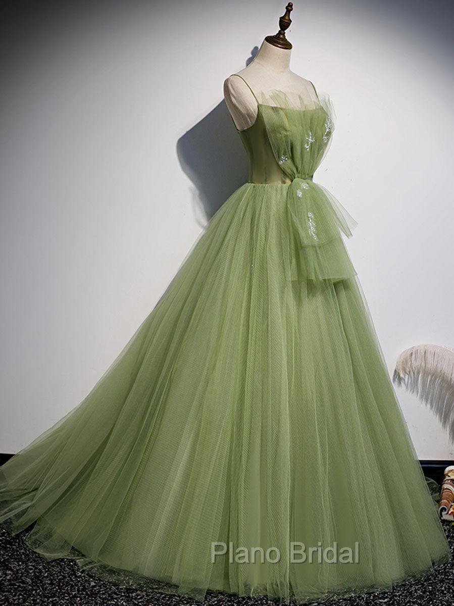 Aline Tulle Green Long Formal Prom Dresses, Green Formal Graduation Dresses with Beading