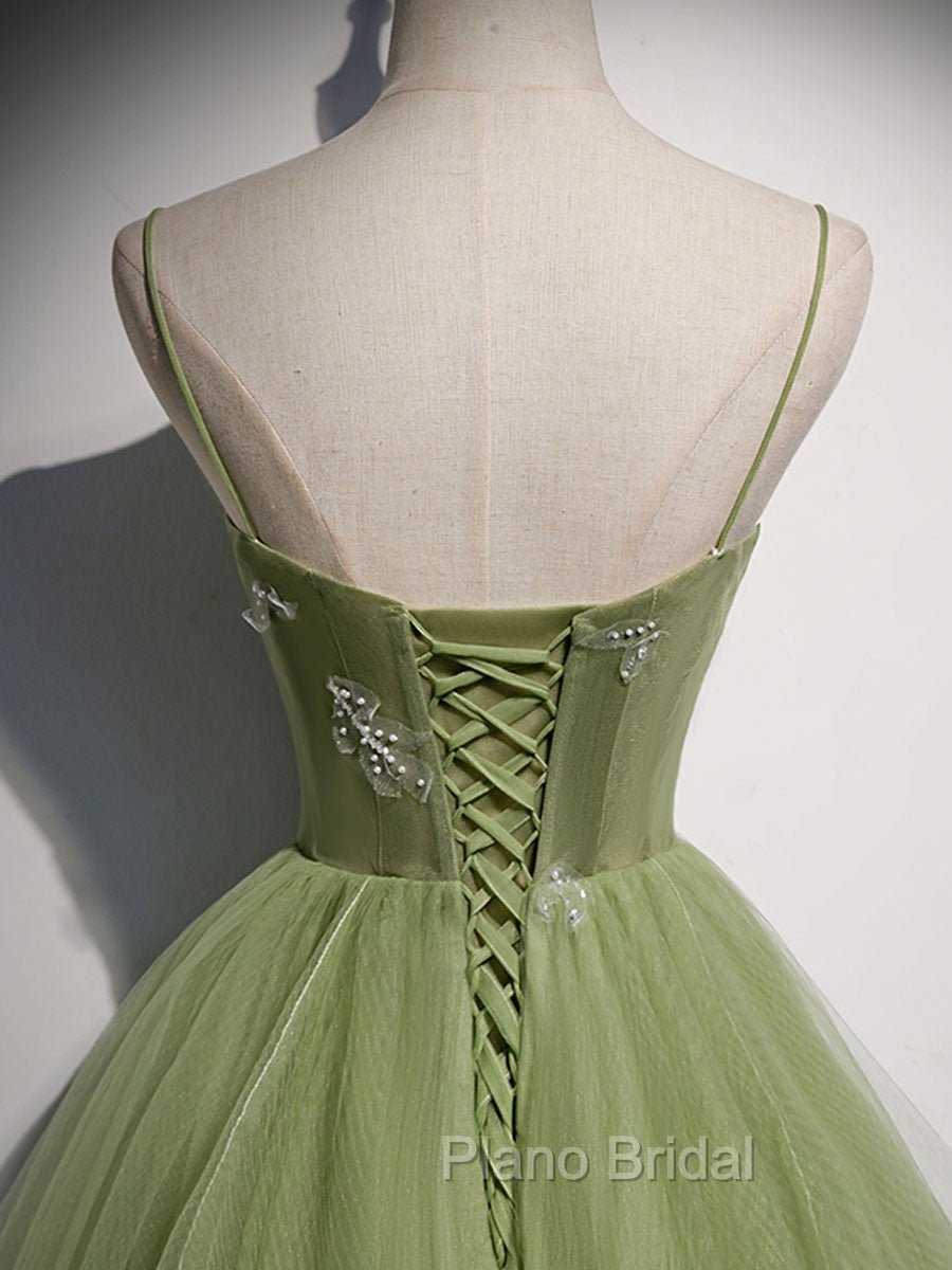 Aline Tulle Green Long Formal Prom Dresses, Green Formal Graduation Dresses with Beading