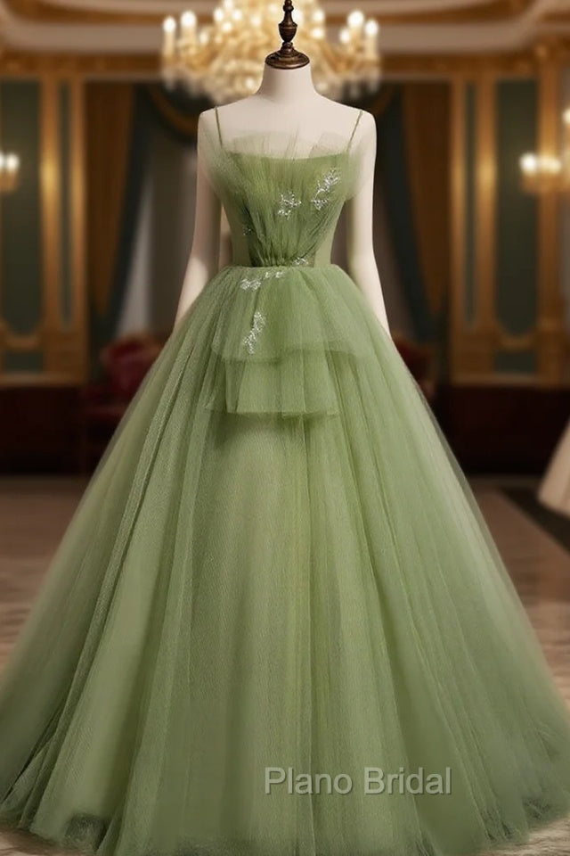 Aline Tulle Green Long Formal Prom Dresses, Green Formal Graduation Dresses with Beading Main image