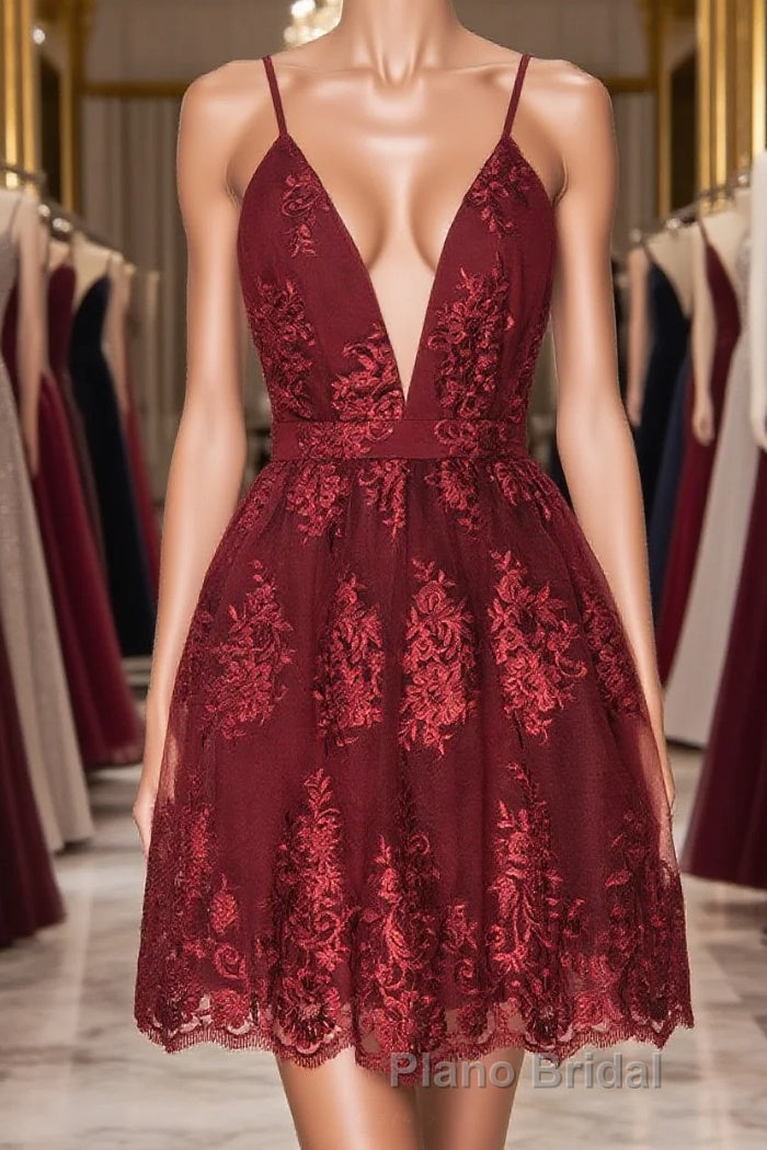 Aline v neck tulle lace short burgundy Formal Prom dresses, backless burgundy homecoming dress Main image