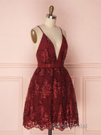 Aline v neck tulle lace short burgundy Formal Prom dresses, backless burgundy homecoming dress