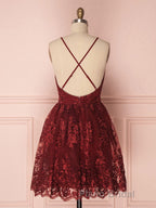 Aline v neck tulle lace short burgundy Formal Prom dresses, backless burgundy homecoming dress