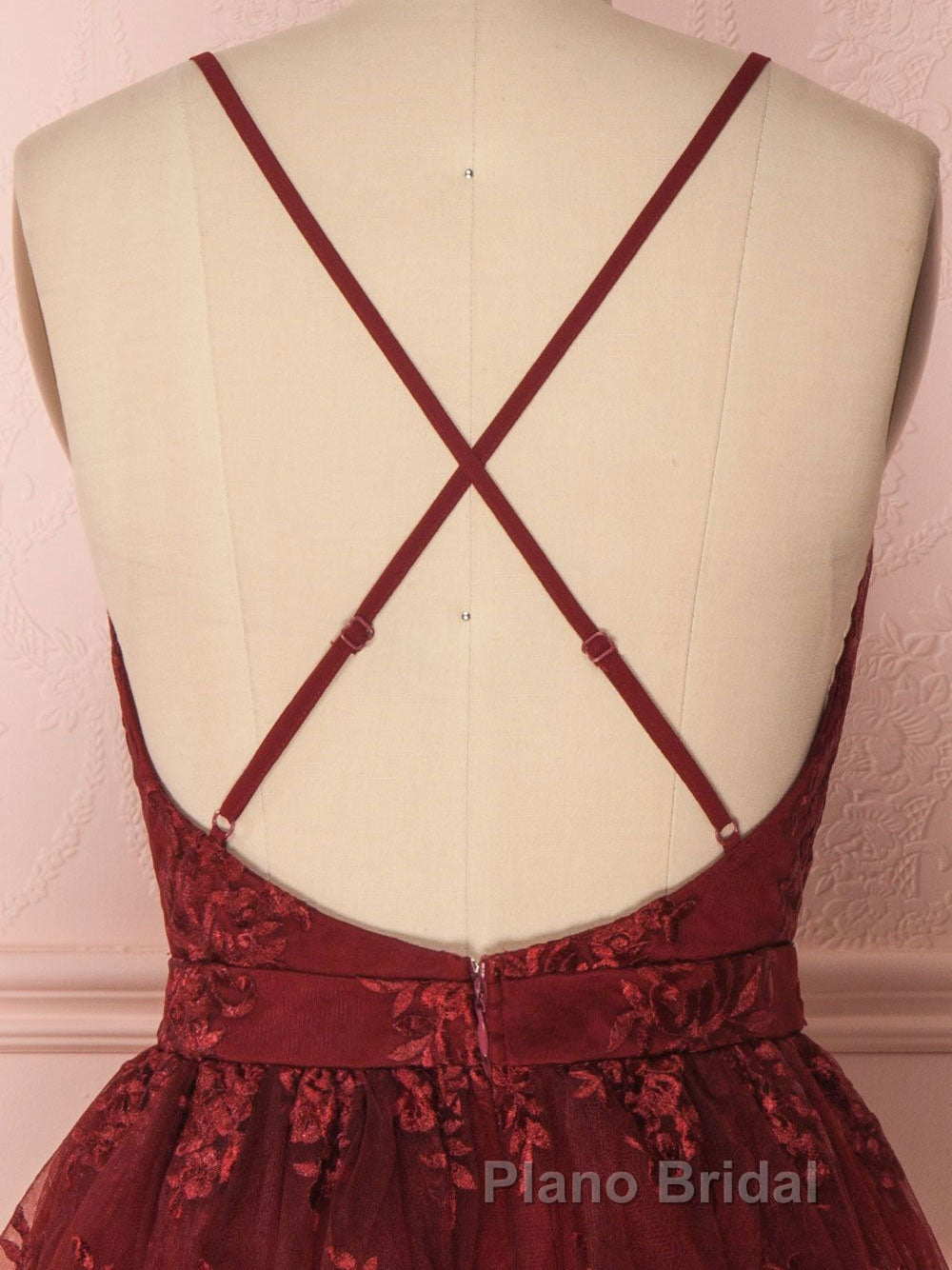 Aline v neck tulle lace short burgundy Formal Prom dresses, backless burgundy homecoming dress
