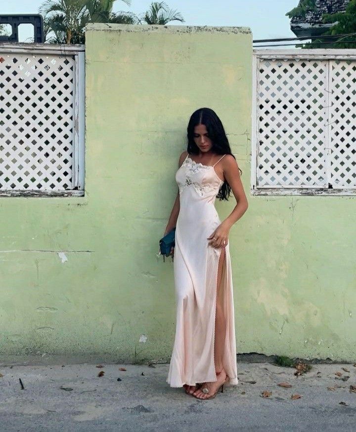 Simple A Line Spaghetti Strap Lace Satin Party Dresses Wedding Guest Dresses With Slit Secondary image