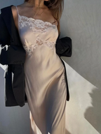 Simple A Line Spaghetti Strap Lace Satin Party Dresses Wedding Guest Dresses With Slit