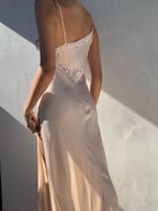 Simple A Line Spaghetti Strap Lace Satin Party Dresses Wedding Guest Dresses With Slit
