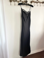 Simple A Line Spaghetti Strap Lace Satin Party Dresses Wedding Guest Dresses With Slit