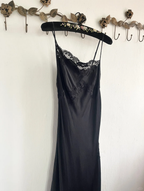 Simple A Line Spaghetti Strap Lace Satin Party Dresses Wedding Guest Dresses With Slit