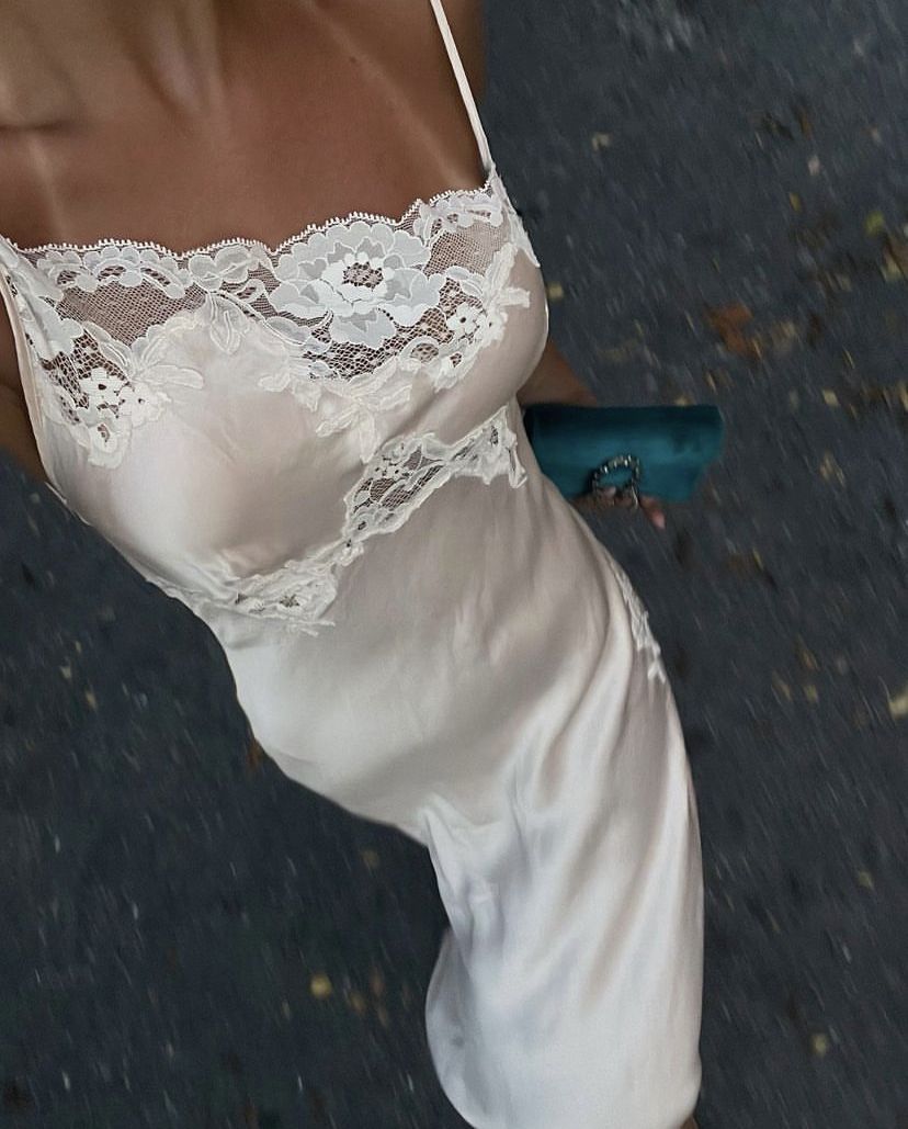 Simple A Line Spaghetti Strap Lace Satin Party Dresses Wedding Guest Dresses With Slit