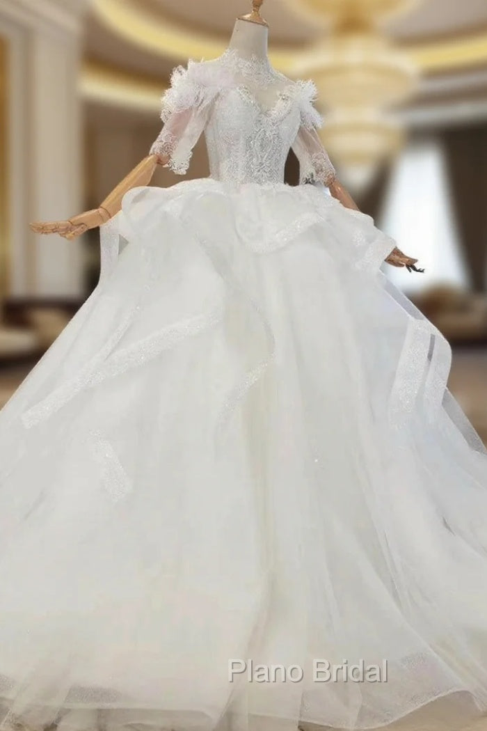 Always Remember Wearing White Tulle Lace Short Sleeve High Neck Backless Wedding Dresses Main image