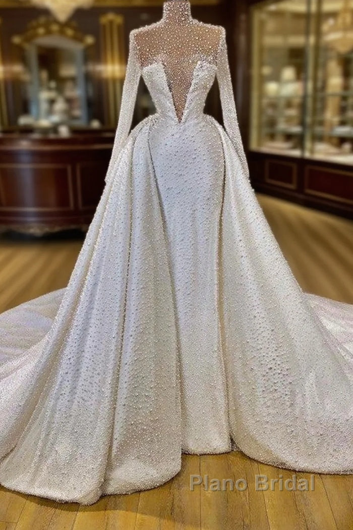 Amazing High Neck Long Sleeves Pearls Wedding Dress With Detachable Skirt Main image