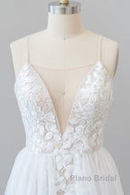 Amazing Long A-line Chapel Train Appliques Tulle Backless Wedding Dress