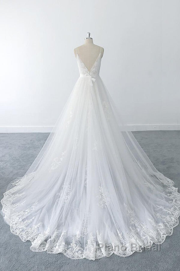 Amazing Long A-line V-neck Ruffle Appliques Tulle Wedding Dress