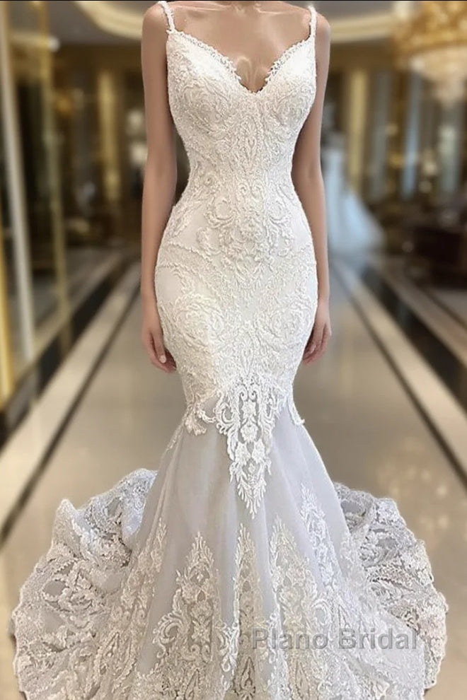 Amazing Long Mermaid Appliques Tulle Backless Wedding Dress Main image