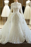 Amazing Long Mermaid High Neck Tulle Lace Wedding Dresses with Sleeves